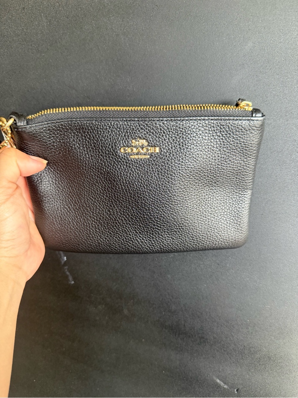 Coach Black Pebbled Leather Wristlet with Gold Hardware